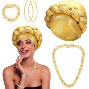 4 Pcs African Turban Head Wraps Sets Braided Beanie Cap Headwear Crystals Twisted Head Turbans Knotted African Twisted Hat with Diamond Hoop Earrings Necklace and Bracelet for Women