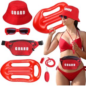 Jenaai 6 Pcs Guard Costume Set Includes Guard Hat Fanny Pack First Aid Zipper Pouch Inflatable Float Prop Whistle Lanyard Sunglasses Float Keychain Emergency Equipment Set for Cosplay