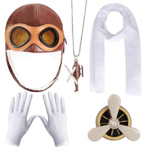 Kyson 5 Pcs Aviator Costume Accessories Pilot Cap with Goggles Retro Brooch White Necklace Gloves Halloween Dress-UP Set