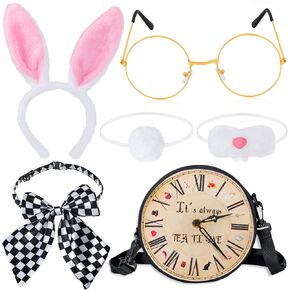 Kyson Easter White Rabbit Costume Accessories Set 6Pcs Bunny Ear Headband,Bow Tie,Nose,Glasses,Tail,Clock Bag for Halloween