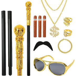 تشمل ملحقات أزياء أزياء PIMP 10pcs قصب PIMP ، وسلسلة علامات الدولار الذهبية -80S التاسع 90s ملحقات للرجال للنساء من أجل زي Gold Digger ، مغني الراب القديم Hip Hop Costume ، Pimp Halloween Costume