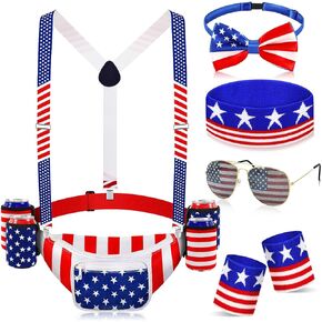 Jansun 11 Pcs Patriotic Fanny Pack Beverage Beer Belt Set USA Belt Bag American Fanny Pack with Suspenders Drink Holder American Flag Headband Wristband Sunglasses Classic Costume for 4th of July