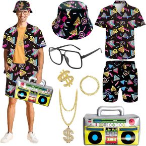 8 Pcs 80s 90s Outfit for Men 80s Tracksuits Shirts and Shorts Set Hip Hop Fancy Dress for Hawaiian Disco Rocker Party