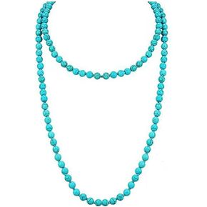 Boho Western Turquoise Beaded Strand Necklace for Women Men Long Round Beads Multi Layer Knotted Endless Sweater Chain Necklaces Chunky Retro Natural Gemstone Handmade Yoga Meditation Prayer Jewelry