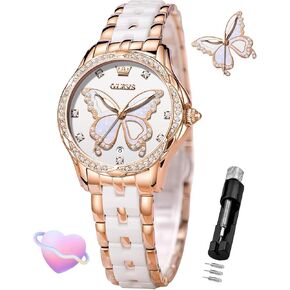 Olevs Womens Watch Rose Gold Diamond Elegant Wrist Wrist Watch Stainlist Steel Ceramic اثنين