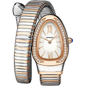 Gosasa Stylish Women's Snake Shape Bangle Watch Unique Design Snake Coil Elegant Dress Diamond Bracelet Ladies Quartz Wristwatch with Roman Numerals Dial