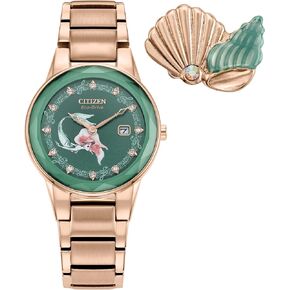 Citizen Eco-Drive Ladies' Special Edition Disney Princess Ariel "Making Waves my Way" Faceted Crystal Watch and Pin Gift Set, Gold Stainless Steel Watch, Green Dial, 30mm (Model: GA1073-63W)
