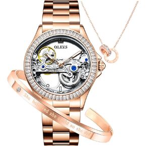 OLEVS Womens Watch Automatic Mechanical Diamond Skeleton Silver Luxury Dress Waterproof Luminous Watches for Women Gift Box Set