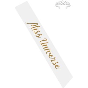 Vrogadso Miss Universe Sash White Satin Sash with Gold Letters With Crown Pack
