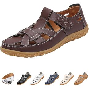 Women's Cross Woven Closed Toe Leather Sandals,Casual Comfy Orthotic Softsole Ankle Strap Boho Gladiator Beach Shoes