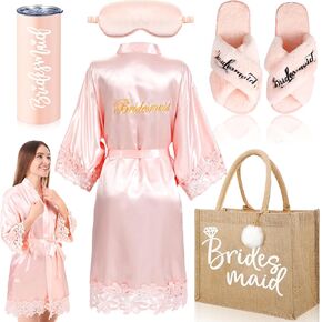 Handepo 5 Pcs Bridal Shower Robe Gifts Bride Gift Set with Sleeping Eye Mask Slippers for Wedding Party Bridesmaids(Bride)