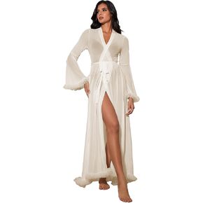 OYOANGLE Women's Ruffle Trim Long Sleeve Belted Sheer Mesh Wedding Bride Robe Nightgown