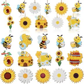 Jetec 30 Pieces Honey Bees Ornaments Honey Honeycombs House Ornaments Sunflowers Daisy Summer Tree Wooden Hanging Sign for Bee Themed Party Baby Shower Decoration