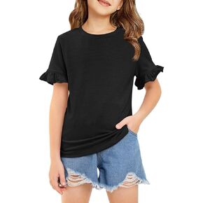 Haloumoing Girls Ruffle Short Sleeve T Shirts Crewneck Plain Casual Summer Tops Blouse Tees 5-14 Years