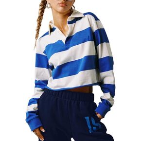 Women Rugby Polo Shirts Long Sleeve Oversized Striped Crop Tops Vintage V-Neck Pullover Tee Shirt Preppy Clothes