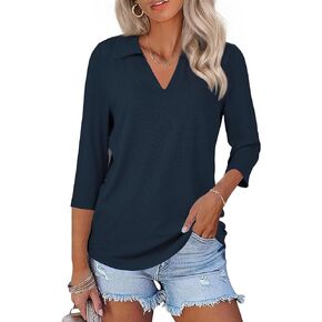 Womens Spring Tunic Tops 2025 3/4 Sleeve Polo Shirts V Neck Collared Tops Business Casual Work Blouses Dressy