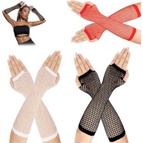 Mesh Fingerless Gloves 3 Pairs,Fishnet Arm Sleeves Long for in Theme Party,Fishnet Gloves Fingerless 80s Party & Halloween Costume Accessory,Black+ White+ Red