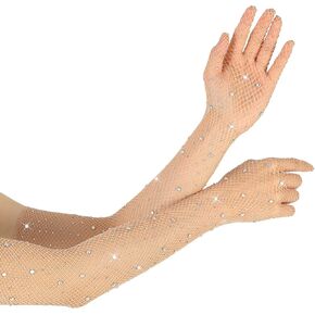 Nude Long Rhinestone Gloves, Long Fishnet Design Nude Elbow Length Party Accessories for Women Suitable for Stage Performance and Evening Events