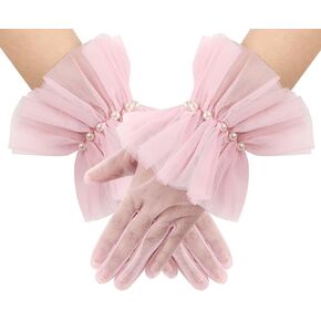 Pearls Short Puffy Tulle Ruffle Gloves for Women Sheer Mesh Wedding Opera Tea Party Gloves