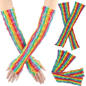 2 Pairs Rainbow Fishnet Fingerless Gloves Long Arm Sleeves Elastic Sexy Gloves Accessories for Women Man Pride Day Parade Halloween Rave Party Cosplay Costume Decoration