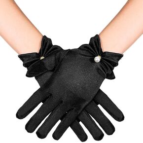 Black Satin Gloves Short Wrist Length Glove with Pearls Women’s Gown Accessories for Evening Dress Opera Wedding Costume Bridal Banquet Tea Party 1920s Flapper