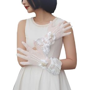 YHDDYG Fishnet Gloves with Rhinestone Bow & Lace Trim – Elastic Wrist-Length Gloves for Tea Part Evening Dress S67