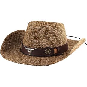 Mens Womens Western Cowboy Straw Hat Classic Brown Cowgirl Woven Sun Hat Roll Up Fedora Hat