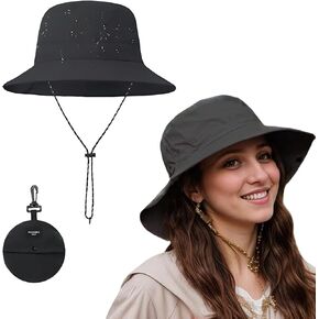 Black Bucket Hat for Men Women, UV Protection Sun Hat Quick Dry Packable Beach Hat Lightweight Waterproof Rain Hat with Detachable Chin Strap for Fishing Hiking Gardening