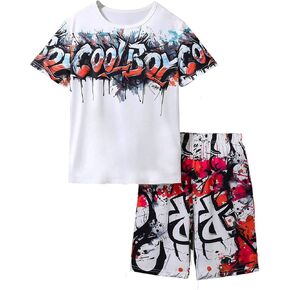 COZYEASE Boy's 2 Piece Graphic Tees and Shorts Set Summer Casual Crew Neck Short Sleeve Outfits White and Red 11 Years