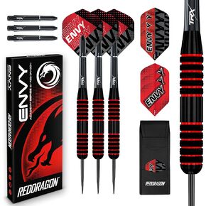 RED DRAGON Envy 22g Professional Brass Steeltip Black and Red Darts Set with Flights, Shafts (Stems) and Wallet