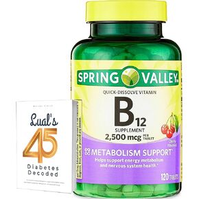 Spring Valley Vitamin B12 Quick-Dissolve Tablets Dietary Supplement | Vitamin B12 2500 mcg | B Vitamins | Vitamin B12 Complex for Women and Men | 120 Tablets Bundle with Lual's 45 Diabetes Decoded