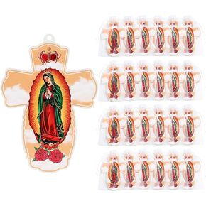24 Pcs Our Lady of Guadalupe Wood Wall Cross Crucifix,Baptism Party Gift First communion Favor Memorial Religious Event,La Virgen De Guadalupe Wall Art Decor Recuerdos De Bautizo Para Niño Niña