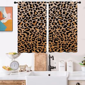 Leopard Print Kitchen Curtains Mini 27.5'' W x 39'' L Cheetah Ombre Brown Wild Safari Animal Powerful Panthera Big Cat Short Small Cafe Room Window Drapes Treatment Tiers Fabric 1 Pair