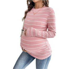 COZYEASE Women's Maternity Clothes Striped Ribbed Knit Tee Tops Long Sleeve Crewneck Slim Fit T Shirt