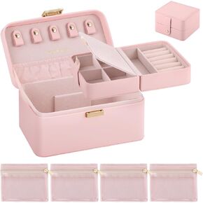 Funtopia 3-in-1 Jewelry Box ، صندوق مجوهرات وردي للنساء ، علبة مجوهرات السفر ، صندوق منظم المجوهرات مع أكياس مجوهرات سفر 4 مساءً ، تخزين مجوهرات جلدية للجلد لأساور أقراط الخواتم