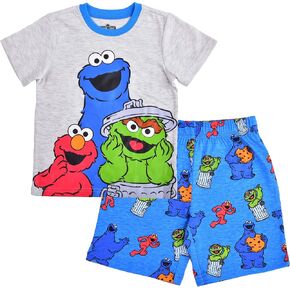 Sesame Street Boy's Elmo, Cookie Monster, and Oscar the Grouch 2-Piece Matching T-Shirt and Shorts Set - Grey/Blue