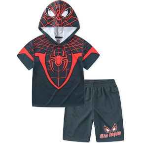 Marvel Miles Morales Boys Hooded Athletic T-Shirt and Active Mesh Short Set for Toddler and Big Kids
