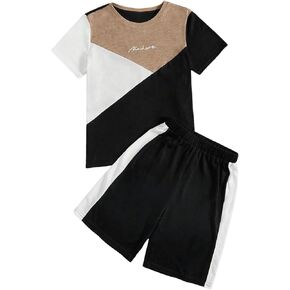 GORGLITTER Boy's Short Sets 2 Piece Summer Outfits Color Block Letter Graphic Short Sleeve Tee and Shorts