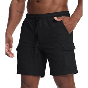 Suwangi Mens Casual Corduroy Shorts Outdoor Multipocket Loose Fit Wide Leg Short Drawstring Elastic Waist Spring Summer Short
