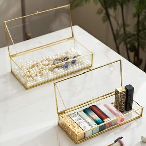 Vintage Glass Keepsake Box, Rectangle Jewelry Display Organizer Box Vanity Lidded Box Home Decor Accent Decorative Box for Storage Trinket Rings Bracelet
