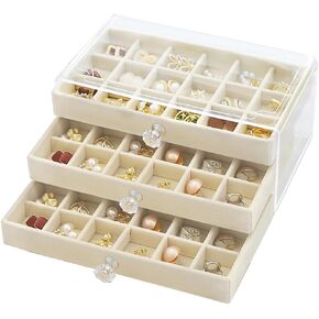 Earring Box Holder Organizer Display Case, Clear Velvet Jewelry Storage Tray Organizer for Earring Ring Stud (Beige - 5 Drawers)