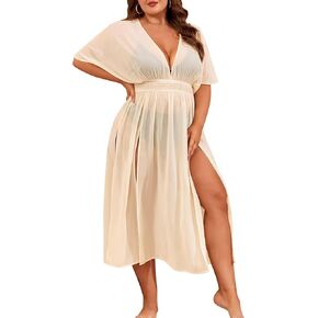 SWOMOG Women Plus Size Swimsuit Cover Up Bikini Bathing Suit Sexy Deep V Neck Swim Beach Dresses Summer Beachwear