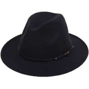 Women Classic Wide Brim Fedora Hat with Belt Buckle Felt Wool Blend Panama Trilby Hat Church Derby Cap Jazz Hat 56-58cm Black