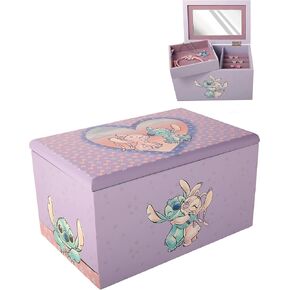 Disney Stitch and Angel Jewelry Box with Tray Official License, Wood Jewelry Organizer and Jewelry Case, Cute Gifts