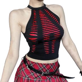 Women's Goth Printed Crop Tube Top Summer Ripped Tank Camisole Y2k Emo Cami