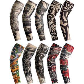 Boao 20 Pcs Men's Cooling Arm Sleeves Long Fingerless Arm Cover Anti Slip UV Protection Sun Temporary Tattoo Sleeves