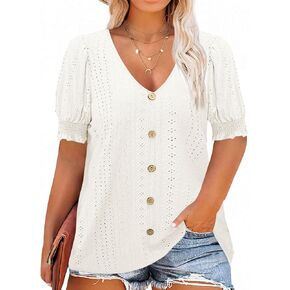 Beautife Womens Plus Size Tunic Tops V Neck Short Puff Sleeve Tops Casual Summer Eyelet Blouses
