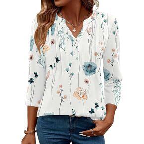Rapbin 3/4 Length Sleeve Womens Tops Summer V Neck Lace Pleated Button Down Blouses Dressy Casual Elegant Tunic Shirts