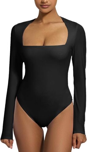 Women's Square Neck Long Sleeve Bodysuit Sexy Thong Double-Lined Tops in Saudi Arabia