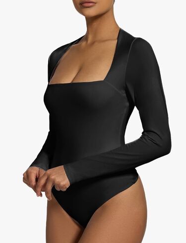 Women's Square Neck Long Sleeve Bodysuit Sexy Thong Double-Lined Tops in Saudi Arabia
